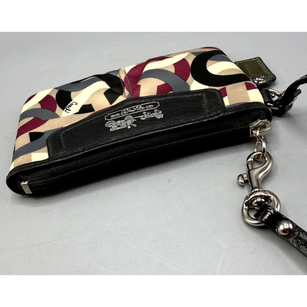 Coach Multicolor Geometric C Logo Sateen Wristlet Black Patent Leather Trim